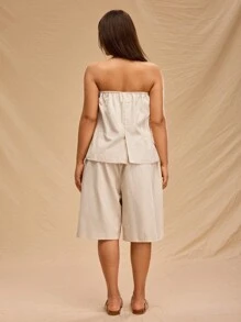 Forever 21 Plus Size 2pcs/Set Khaki Linen Tube Top & Shorts Set - Khaki - View 2