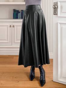 DAZY 1 pezzo Gonna a-line in ecopelle di colore unito con vita elastica, adatta per autunno e inverno - nero - Visualizzare 5