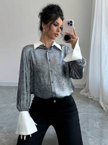 Calvaya Camisa larga holgada de manga larga con contraste de color metálico para mujer, de uso casual en otoño