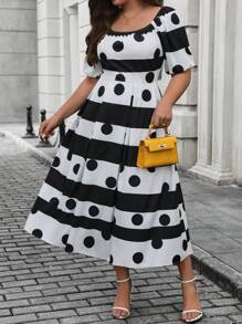 Flirla 大码优雅撞色条纹圆点印花连衣裙 - 黑與白 - 查看 5