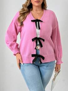 Flirla Plus Size Tie Front Contrast Color Casual Long Sleeve Knitted Cardigan - Dusty Pink - View 4