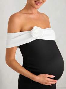 MaterniChic Maternity French Elegant Black Dress, Off Shoulder Neckline With Floral Decor, Slit Fish Tail Hem, Bodycon Fit, Suitable For Party, Wedding, Formal Occasion, Dress