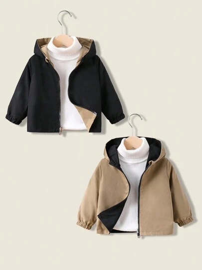 男婴休闲双面风衣撞色英文图案设计连帽长袖适合秋冬季户外、聚会、运动