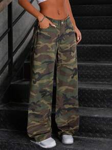 SHEIN ICON Women's Low Waist Distressed Camo Relaxed Straight Leg Jeans - Multicolor - View 4