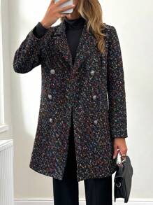 SHEIN Cottnline Double Breasted Plaid Tweed Coat For Autumn & Winter - Black - View 1