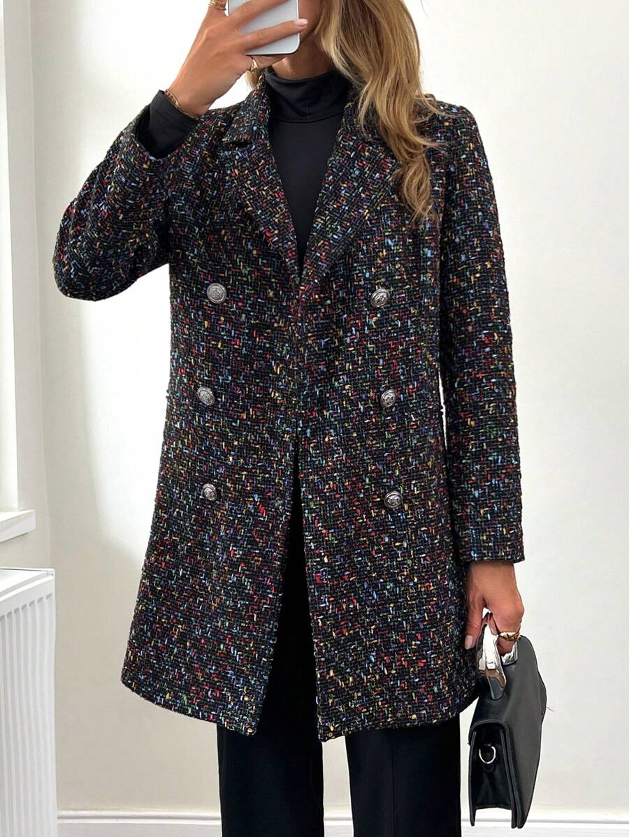 SHEIN Cottnline Double Breasted Plaid Tweed Coat For Autumn & Winter - Black - View 1