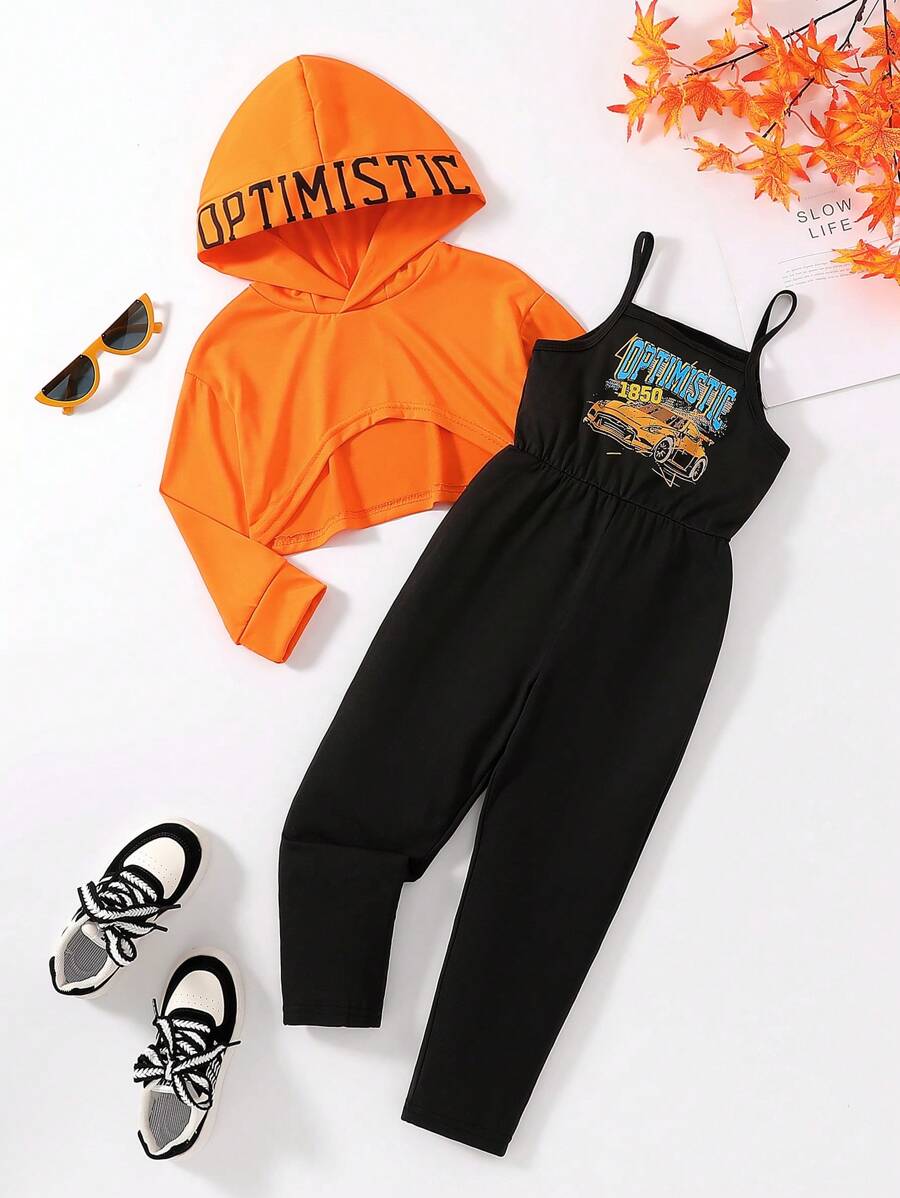 2pcs/Set Young Girl' Fashionable Hoodie Outfit, Letter Print Crop Hoodie & Jumpsuit Set, Spring Fall - Orange - View 1