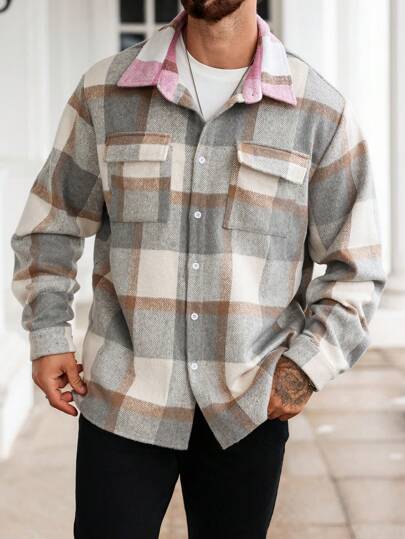 Manfinity Homme 大码男士格子长袖工装口袋休闲夹克秋冬款