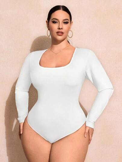 SHEIN SXY Body de manga larga ajustado de unicolor talla grande, uso casual diario