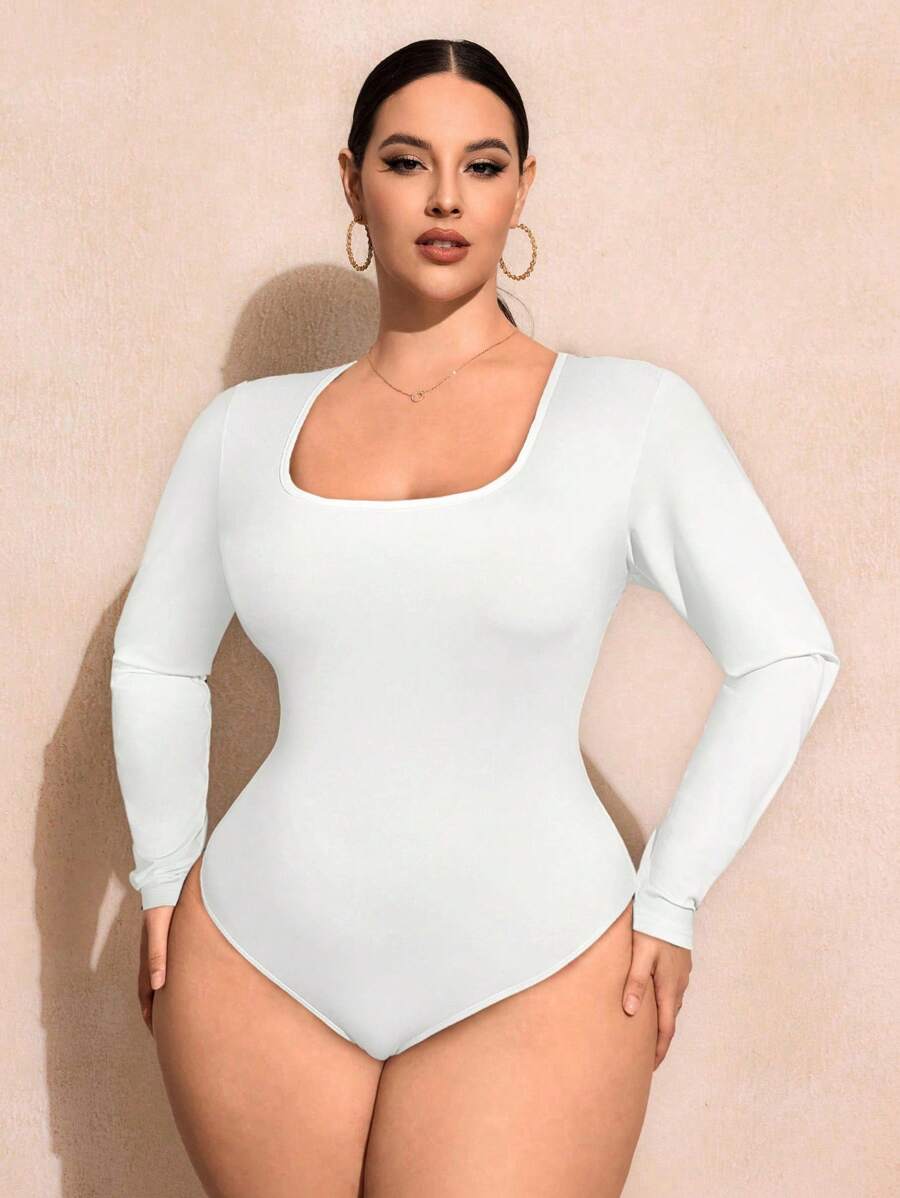 SHEIN SXY 大码纯色长袖修身紧身衣，休闲日常穿着 - 白色 - 查看 1
