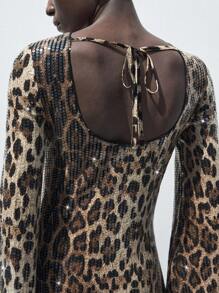 SHEIN Maija Damen Midi Kleid mit Leoparden Muster, paillettenbesetzt, lange Ärmel, tailliert, elegant für Schulanfang, Ferien, Party, Stadtreisen - Neuankömmling Herbst Winter