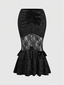 ROMWE Gothic Palace Style Contrast Lace Plus Size Mermaid Velvet Maxi Skirt - Black - View 1