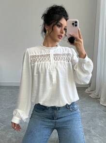 Chiquease Áo sơ mi dài tay rộng phối ren viền bèo màu trơn cho nữ, áo cánh thanh lịch cho mùa thu - Màu be - Xem 3