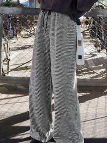 FRIFUL Women's Casual Color Block Striped Drawstring Waist Wide Leg Pants - Black - View 5
