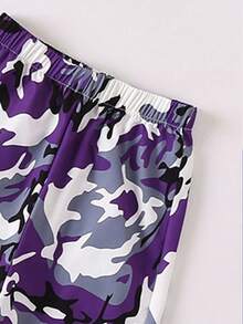 SHEIN 2 件女童纯色长袖印花运动衫 + 迷彩裤套装，春秋 - 紫色 - 查看 5