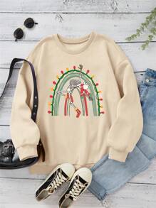 INAWLY 女士万圣节骷髅印花保暖内衬套头卫衣 - 卡其色 - 查看 1