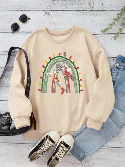 INAWLY 女士万圣节骷髅印花保暖内衬套头卫衣