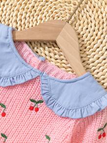 Baby Girl Cherry Embroidered Collared Pullover Sweater, Autumn - Pink - View 4