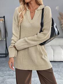 Chiquease Women's Solid Color Loose Drop Shoulder Crew Neck Sweater, Fall & Winter Knit Pullover