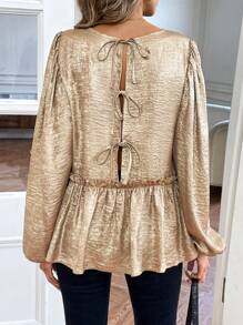 Chiquease Women's Autumn Winter Elastic Cuff Button Up Shirt With Backside Tie