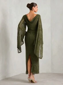 MaterniChic 孕妇女士优雅花朵植绒网眼喇叭袖修身长裙春季派对装