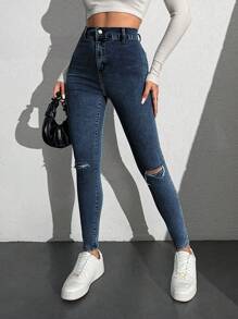 SHEIN Cottnline Ripped Skinny Jeans - Cadet Blue - View 3