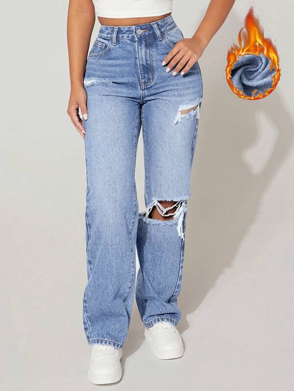 SHEIN EZwear Brushed Fabric Thermal High Waist Ripped Straight Leg Blue Jeans Thickened Denim