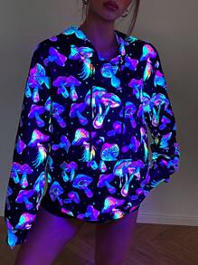 Flirla Black Fluorescent Mushroom Digital Print Hoodie Sweatshirt With Kangaroo Pocket And Drop Shoulder Casual Sports Wear,Long Sleeve Tops
