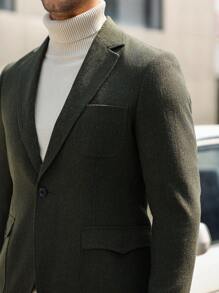 Manfinity Bizformal بدلة رجالية مكونة من بليزر أكمام طويلة بألوان صلبة وأزرار أمامية وبنطال جيب - أخضر داكن - مشاهدة 6