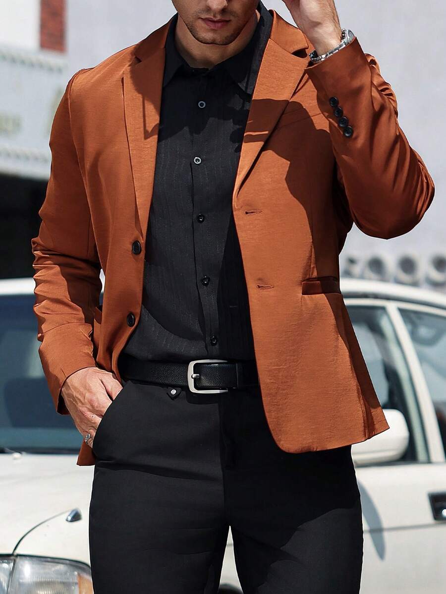 Manfinity Bizformal 男士纯色前扣商务长袖西装外套 - 棕色 - 查看 1