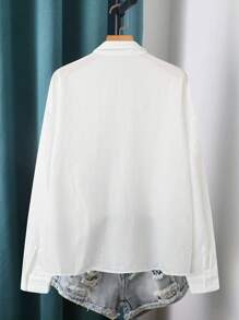 Chiquease Camisa suelta casual de manga larga con pliegues y bolsillos, unicolor, para mujer, otoño