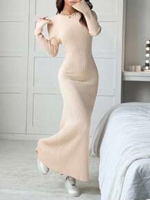 SHEIN EZwear Women's Solid Color Open Back Long Sleeve Fitted Elegant Sweater Dress, Autumn - Khaki - View 2