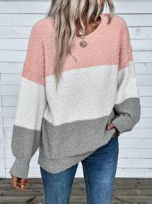 Chiquease Women's Contrast Color Dropped Shoulder Sweater, Knit Pullover Fall Winter - Multicolor - View 5