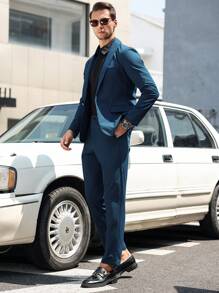 Manfinity Bizformal Men's Plain One Button Long Sleeve Blazer Jacket And Pocket Suit Pants Formal Casual Suit Set