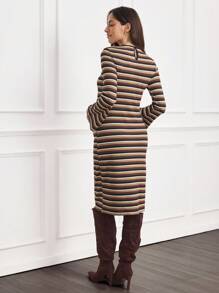 SHEIN MaterniWear Vintage Bell-Sleeve Bodycon Maternity Dress, Autumn - Multicolor - View 7