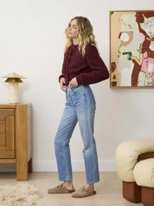 Aralina 纹理时尚短款纽扣圆领开衫