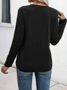 EMERY ROSE Women V-Neck Long Sleeve Casual T-Shirt, Solid Color, Autumn Fall Cloth For Women - Black - View 2