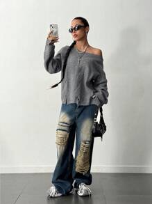 SHEIN Unity 女士秋冬纯色落肩长袖宽松休闲毛衣 - 灰色 - 查看 1