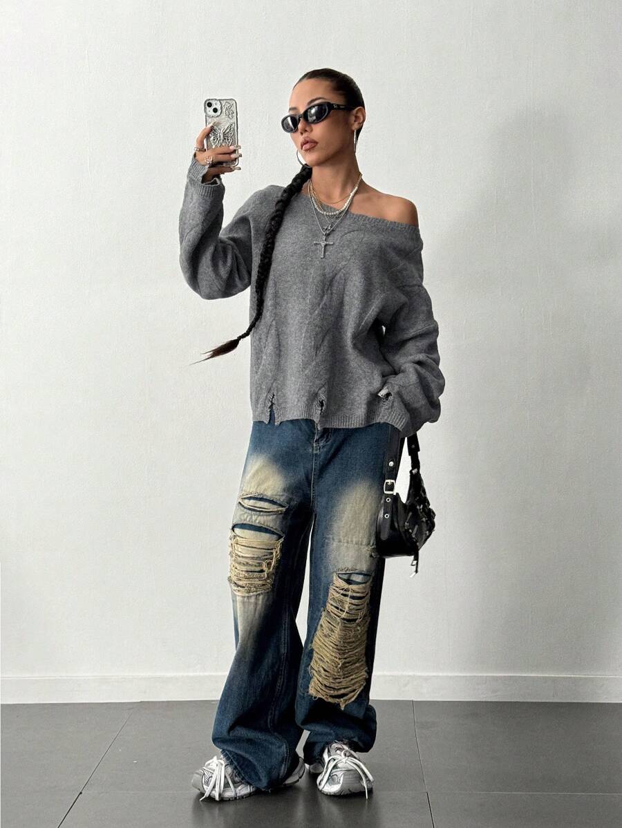 SHEIN Unity 女士秋冬纯色落肩长袖宽松休闲毛衣 - 灰色 - 查看 1