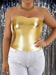 SHEIN Essnce Damen Party Top in Große Größen, Goldenes Top, Sexy Damen Tops, Goldenes Top Damen Korsett Tops, Kurven Tops für Konzerte - Gold - Übersicht 3