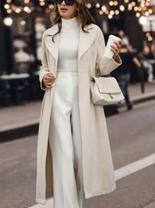 EURMUSE Elegant Style, Pleated Hem Detailed Maxi Line Coat - Beige - View 1