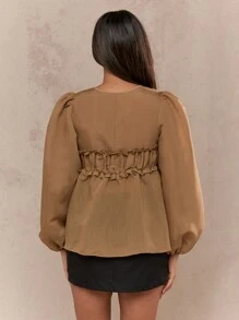 MISSGUIDED Sheer Ruched Bust Balloon Sleeves Shirt Blouse - Coffee Brown - View 2