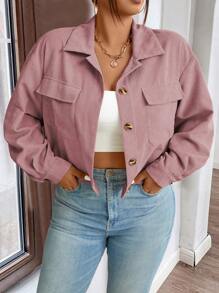 Franclia Áo khoác dài tay thường ngày màu trơn cỡ lớn có túi cài nút phía trước - Bụi hồng - Xem 7