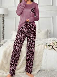 Women Leopard Print Pocket Long Sleeve Top And Pants Pajama Set, Casual