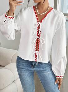 Chiquease 女士秋冬前系带撞色装饰长袖衬衫 - 白色 - 查看 7