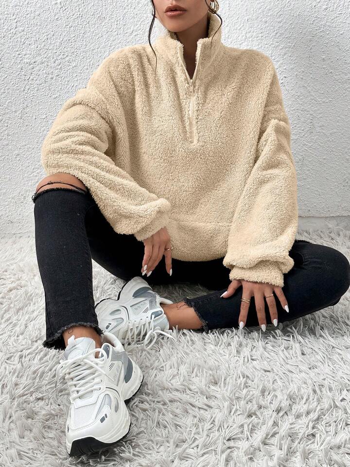 SHEIN EZwear ジッパーアップ ドロップショルダー テディライン フー