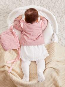 SHEIN Newborn Baby Girl Winter Warm Fleece Diamond Shaped Solid Color Coat With Ruffled Hooded Hat Set - Pink - View 2