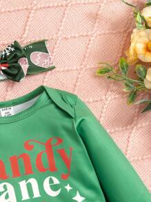 3pcs Baby Girls' Casual Christmas Tree, Snowman Letter Print Long Sleeve Bodysuit, Flared Pants And Headband Set, Spring Autumn - Green - View 5