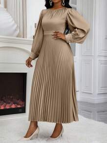SHEIN Unity Women's Autumn Cinched Waist Pleated Puff Sleeve A-Line Dress Maxi Women Outfit - Khaki - View 4