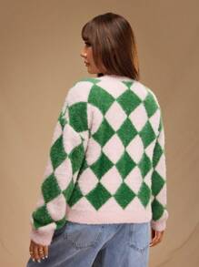 Forever 21 Plus Size Women Casual Dropped Shoulder Loose Checker Pattern Fluffy Knit Button Front Cardigan - Multicolor - View 3